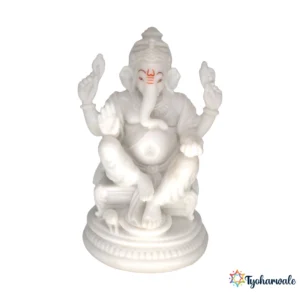 Ganesh Idol (White Marble Finish) 8.5' | Marble Dust Resin Murti | Ganesha Statue for Home Mandir | Daily Pooja Idol | Round Decorative Base Ganpati Murti | Religious Gift | Ganesh Chaturthi Special Idol