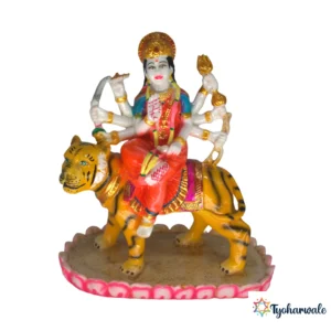 Goddess Durga Idol on Tiger (Traditional Multicolour Finish)7.5' | Marble Dust Resin Murti | Maa Durga Statue for Home Mandir | Daily Pooja Idol | Navratri Special Murti | Religious Gift | Durga Mata Idol