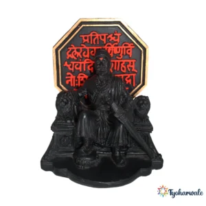 Chhatrapati Shivaji Maharaj Statue with Rajmudra Back Panel (Black Finish) 8.5' | Marble Dust Resin Murti | Shivaji Maharaj Throne Idol | Maratha King Statue | Maharashtra Heritage Gift