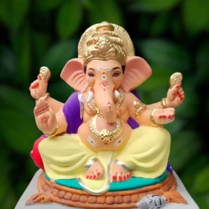 12 Inch Mahisuri Load Ganpati with yellow dhotar and purple uparna