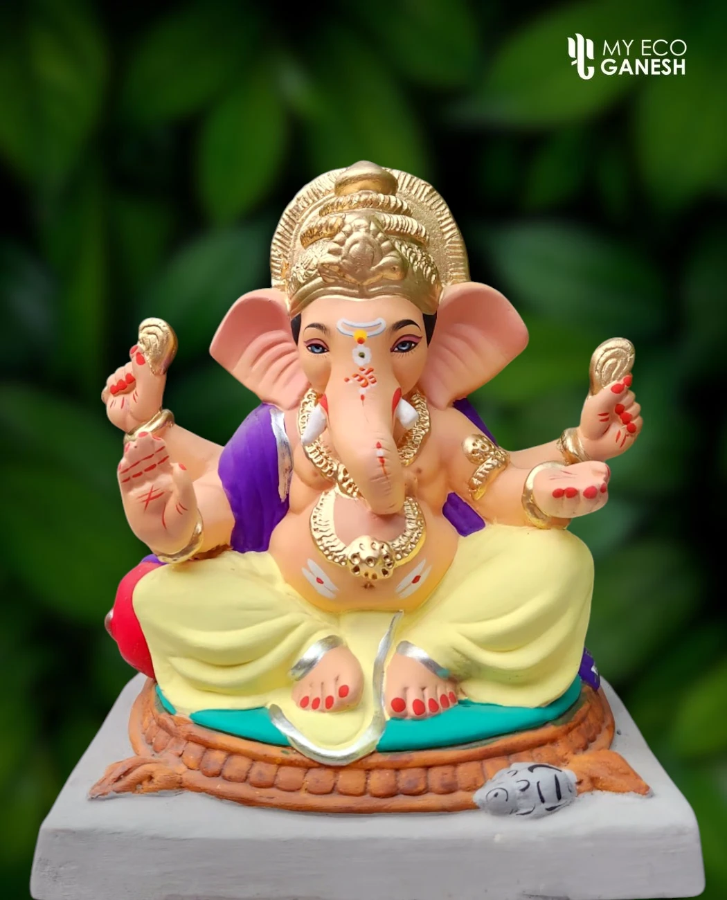 12 Inch Mahisuri Load Ganpati with yellow dhotar and purple uparna