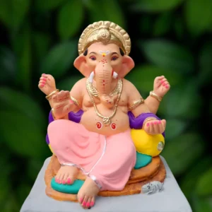 15 Inch Rajeshahi Mukut Bappa with light pink dhotar and purple uparna