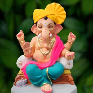 15 Inch Traditional Pheta Ganesha with cyan dhotar, pink uparna, and yellow Pheta