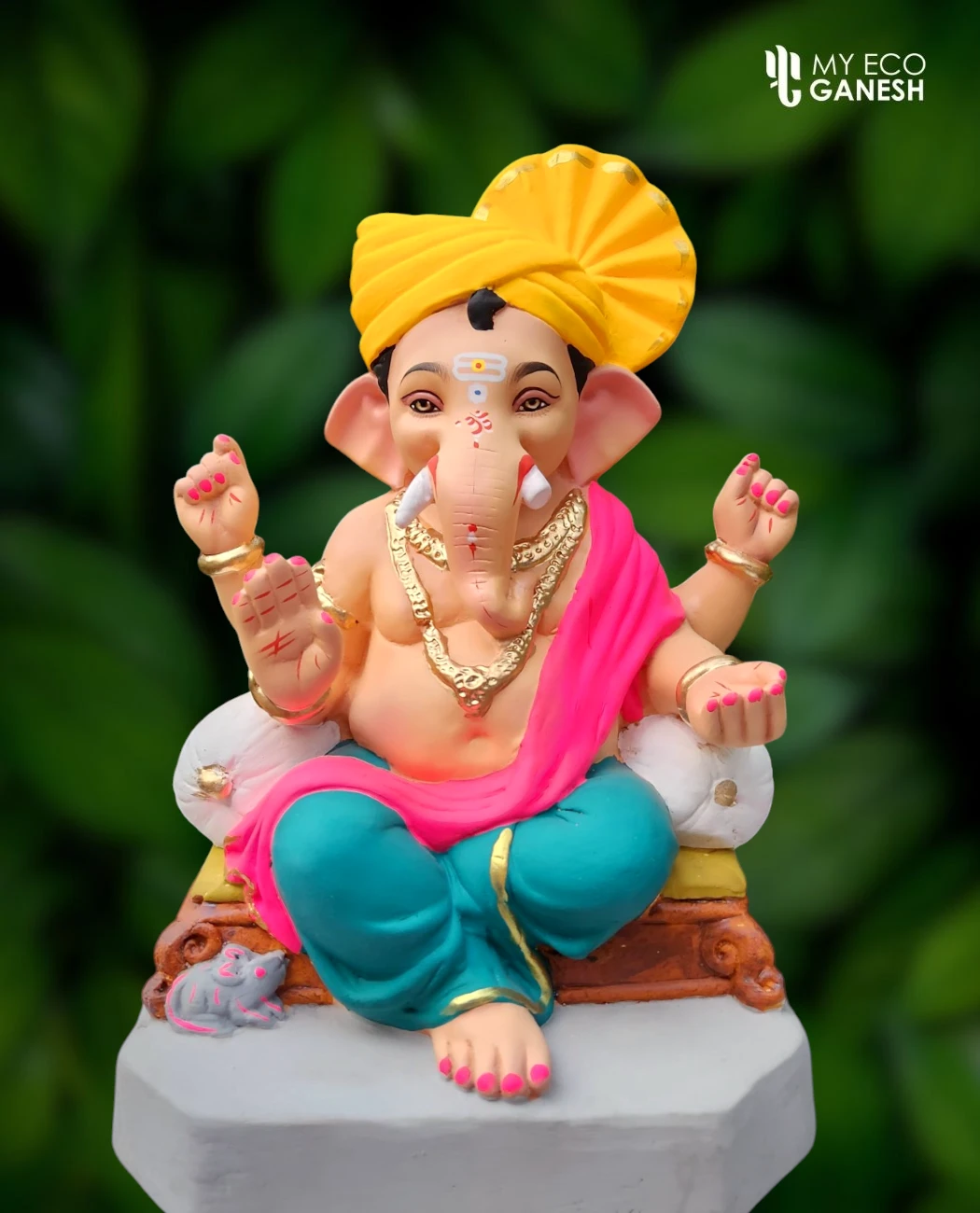 15 Inch Traditional Pheta Ganesha with cyan dhotar, pink uparna, and yellow Pheta