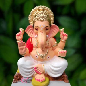 15 Inch Prasann Swaroop Bappa with white dhotar and red uparna