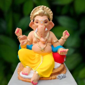15 Inch Rajeshahi Mukut Bappa with yellow dhotar and sky blue uparna