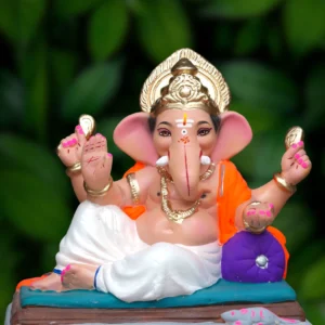 12 Inch Advinayak Relaxing on Load with white dhotar and orange uparna