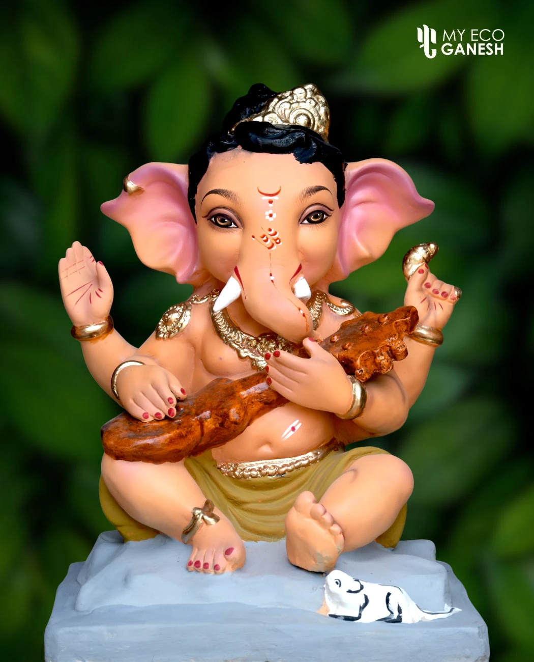 18 Inch Cute Balganesha with Veena and mehendi-coloured dhotar