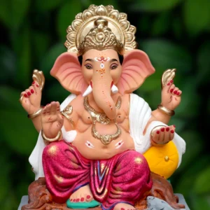 18 Inch Ganesha Relaxing on Royal Load with Magenta Nakshi dhotar and white uparna