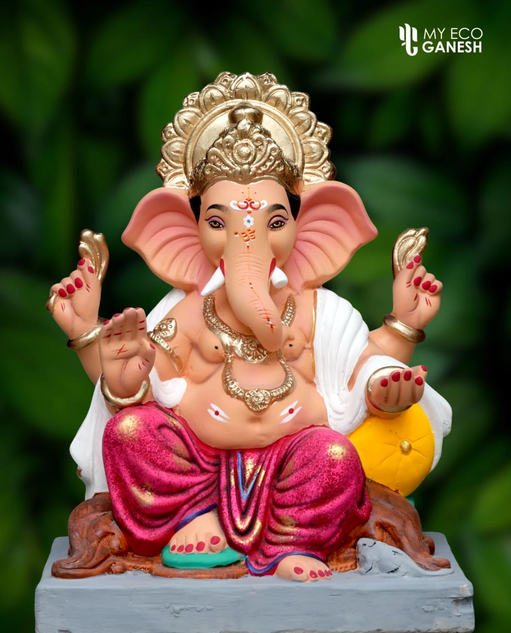 18 Inch Ganesha Relaxing on Royal Load with Magenta Nakshi dhotar and white uparna