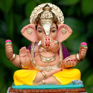 15 Inch Dagdusheth Style Ganpati with yellow dhotar and purple uparna