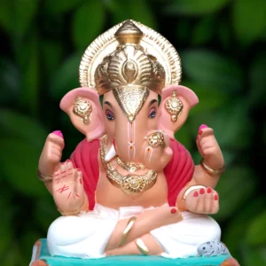 15 Inch Dagdusheth Style Ganpati with white dhotar and red uparna