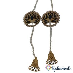 Lotus wall hanging set of 2 in gold and black enamel with pearl chain and jhumka