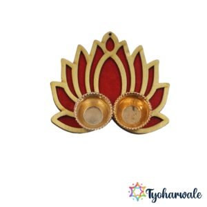 Wall hangable lotus haldi kumkum holder in gold and red enamel with 2 brass bowls