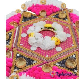 Hexagonal MDF rangoli with pink fabric mirror work and diya holders