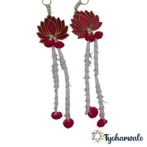 Lotus door hanging set with pink wooden lotus motifs white garlands and pom poms