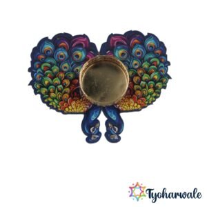 Peacock tea light holder with vibrant double peacock feather design on MDF base