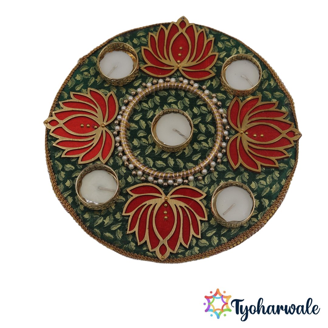 Lotus Candle Thali Green Fabric Tea Light Holders