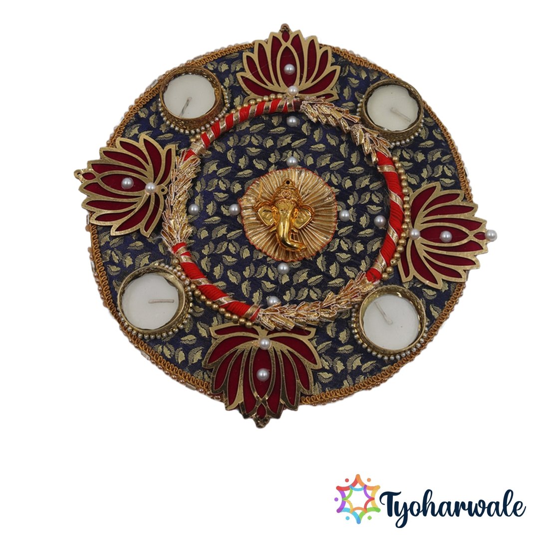 Ganesha Candle Thali Navy Blue Fabric 5 Holders