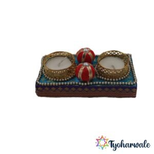 Blue candle holder set with 2 golden jali tea light holders and beadwork