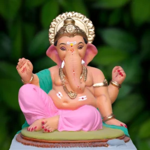 15 Inch Lambodar Bappa with Mukut wearing a pink dhotar and green uparna