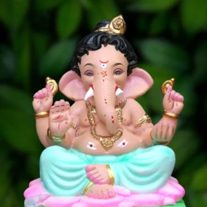 15 Inch Mrudul Ganesha with blue dhotar seated on a pink Kamalasana