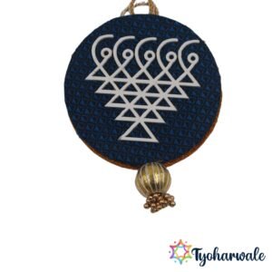 Khan Saraswati wall hanging on navy blue fabric with white metal yantra and gold tassel