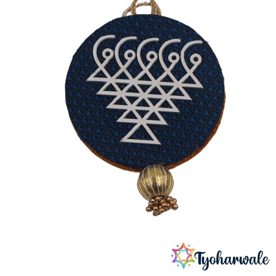 Khan Saraswati wall hanging on navy blue fabric with white metal yantra and gold tassel
