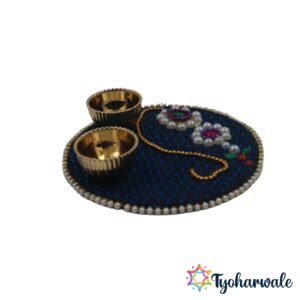 Nath haldi kumkum set on navy blue fabric with 2 brass bowls and pearl stone design