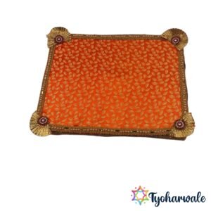 Wooden orange ganpati paat chowki with premium orange gold leaf fabric and decorative borders
