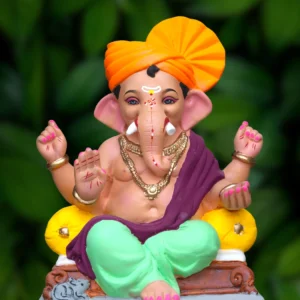 15 Inch Traditional Pheta Swaroop Bappa with green dhotar and purple uparna