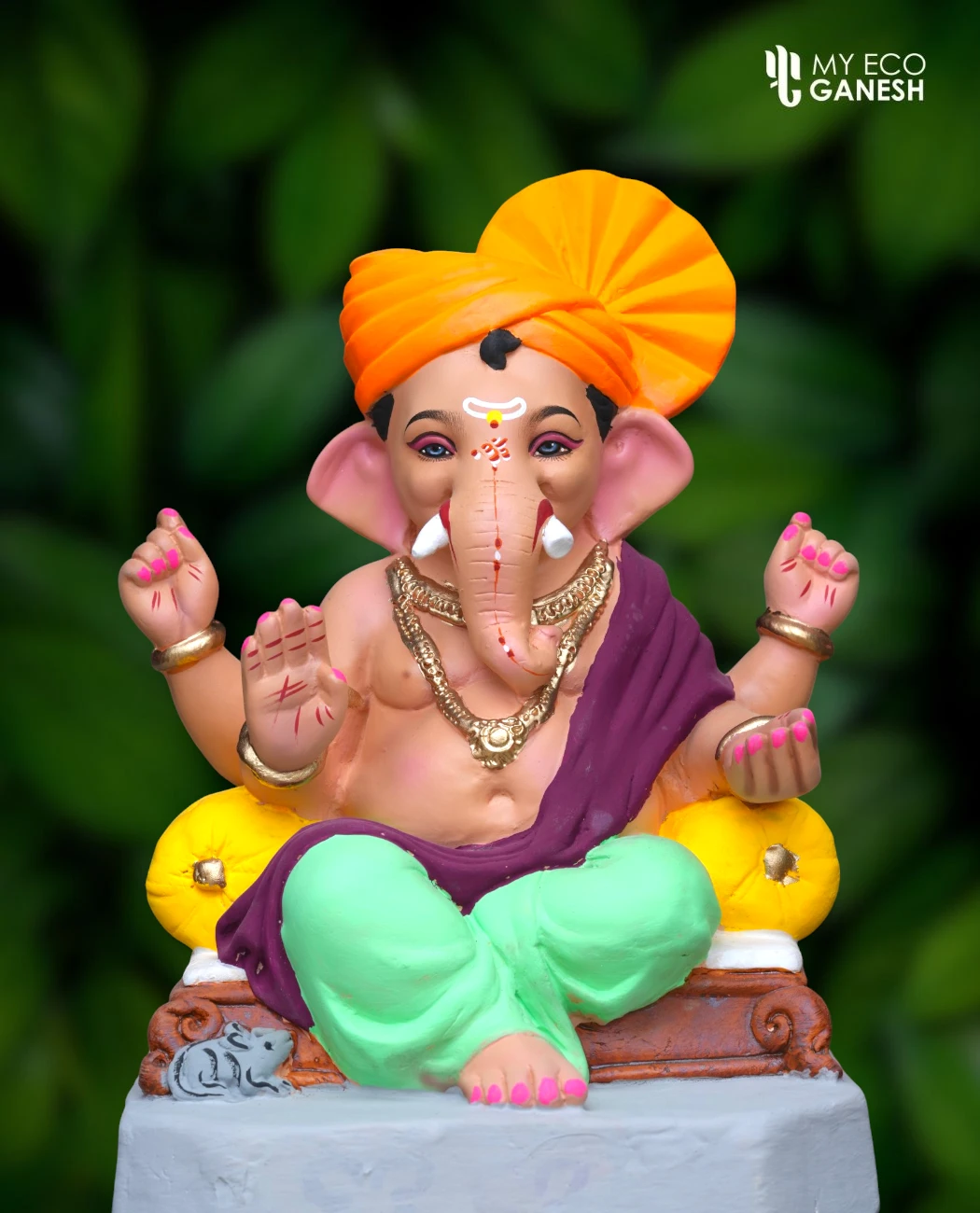 15 Inch Traditional Pheta Swaroop Bappa with green dhotar and purple uparna