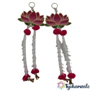 Pink lotus door hanging set of 2 with pink and green enamel pom poms and bells