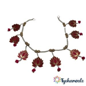 Handmade lotus toran door hanging with red and gold lotus charms and pearl chains