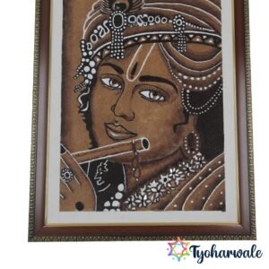 Handmade Sand Rangoli Artwork of Lord Krishna with wooden frame for home temple decoration.