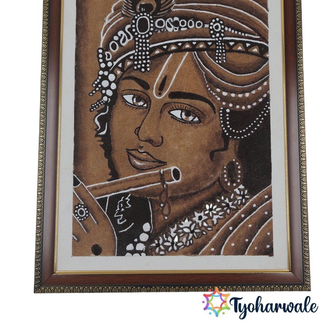 Handmade Sand Rangoli Artwork of Lord Krishna with wooden frame for home temple decoration.