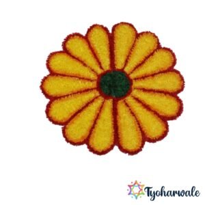 Yellow half flower ready-made rangoli mat set with red outlined petals and green centre for festive entrance decoration.