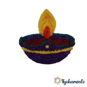 Blue Diya Ready-Made Rangoli Mat with yellow flame for Diwali and festive entrance decoration.