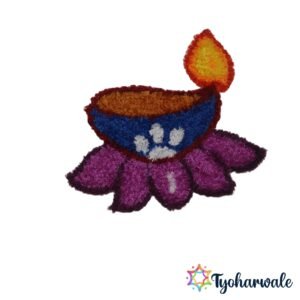 Blue diya ready-made rangoli mat with violet lotus petals for Diwali and festive entrance decoration.