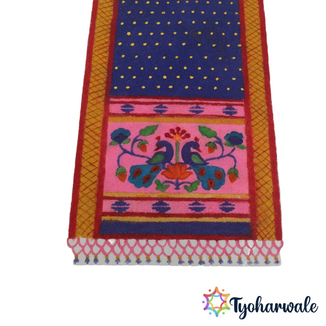 Blue Paithani Saree Design Ready-Made Rangoli Mat with traditional peacock motifs for festive floor decoration.