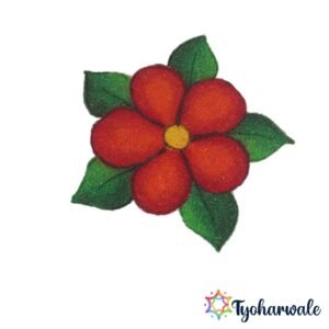 Orange Flower Ready-Made Rangoli Mat with five petals and green leaves for festive decoration.