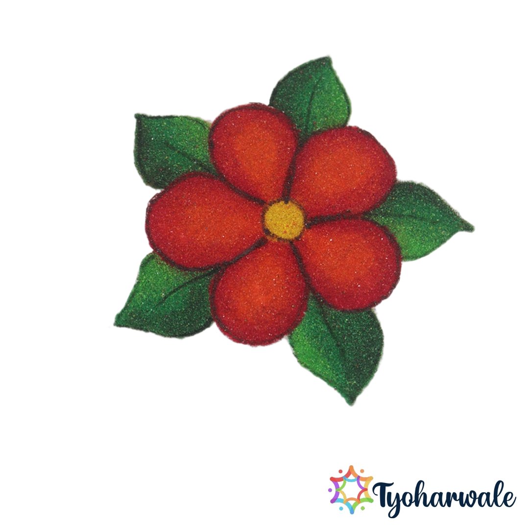 Orange Flower Ready-Made Rangoli Mat with five petals and green leaves for festive decoration.