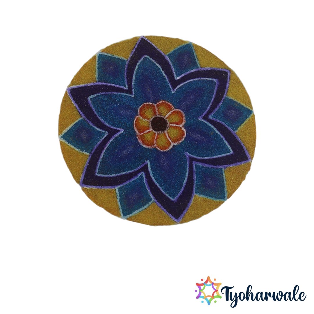 Blue Floral Round Ready-Made Rangoli Mat with layered flower design for festive decoration.