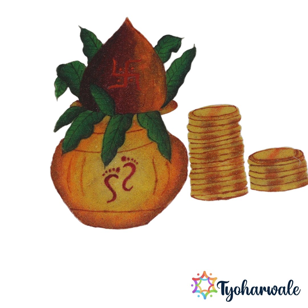Kalash with Coconut and Gold Coins Ready-Made Rangoli Decoration for festive and pooja decoration.