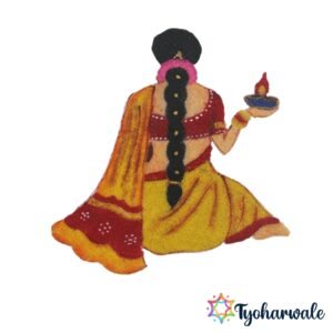 Traditional Woman Holding Diya Ready-Made Rangoli for home entrance and festive decoration.