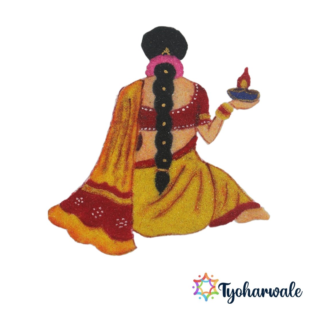 Traditional Woman Holding Diya Ready-Made Rangoli for home entrance and festive decoration.