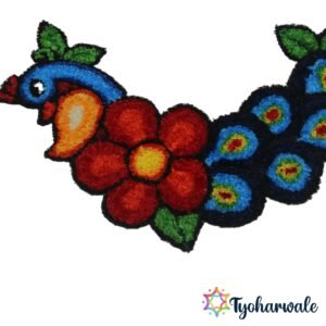 Peacock Floral Ready-Made Rangoli Mat with red flower for festive entrance decoration.