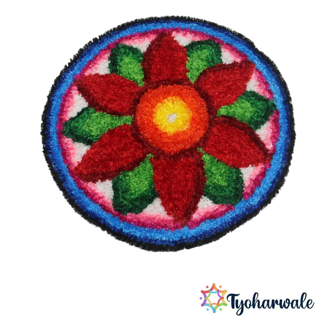 Round Floral Ready-Made Rangoli Mat with red flower and colourful circular border for festive decoration.