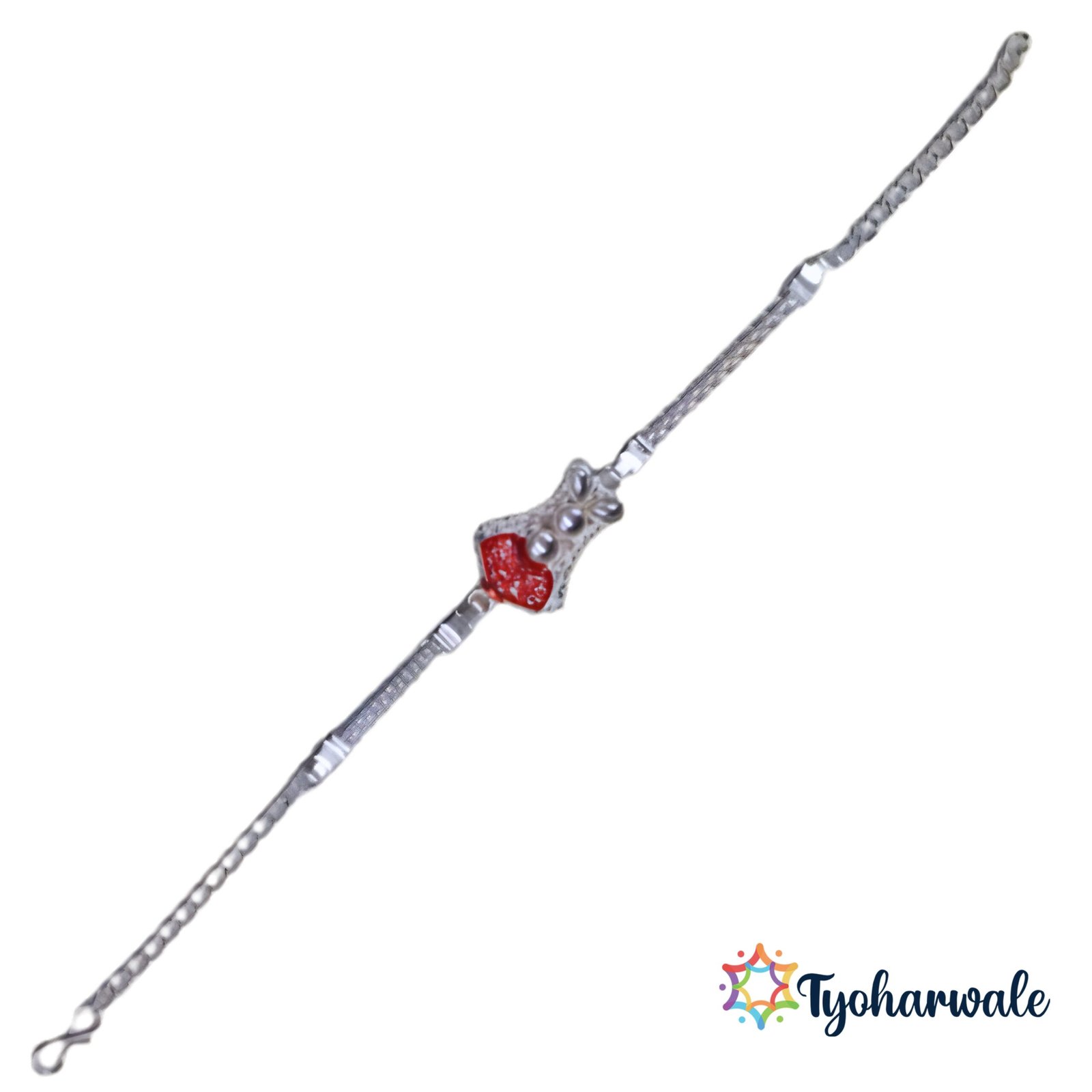 Silver-toned designer Rakhi full view