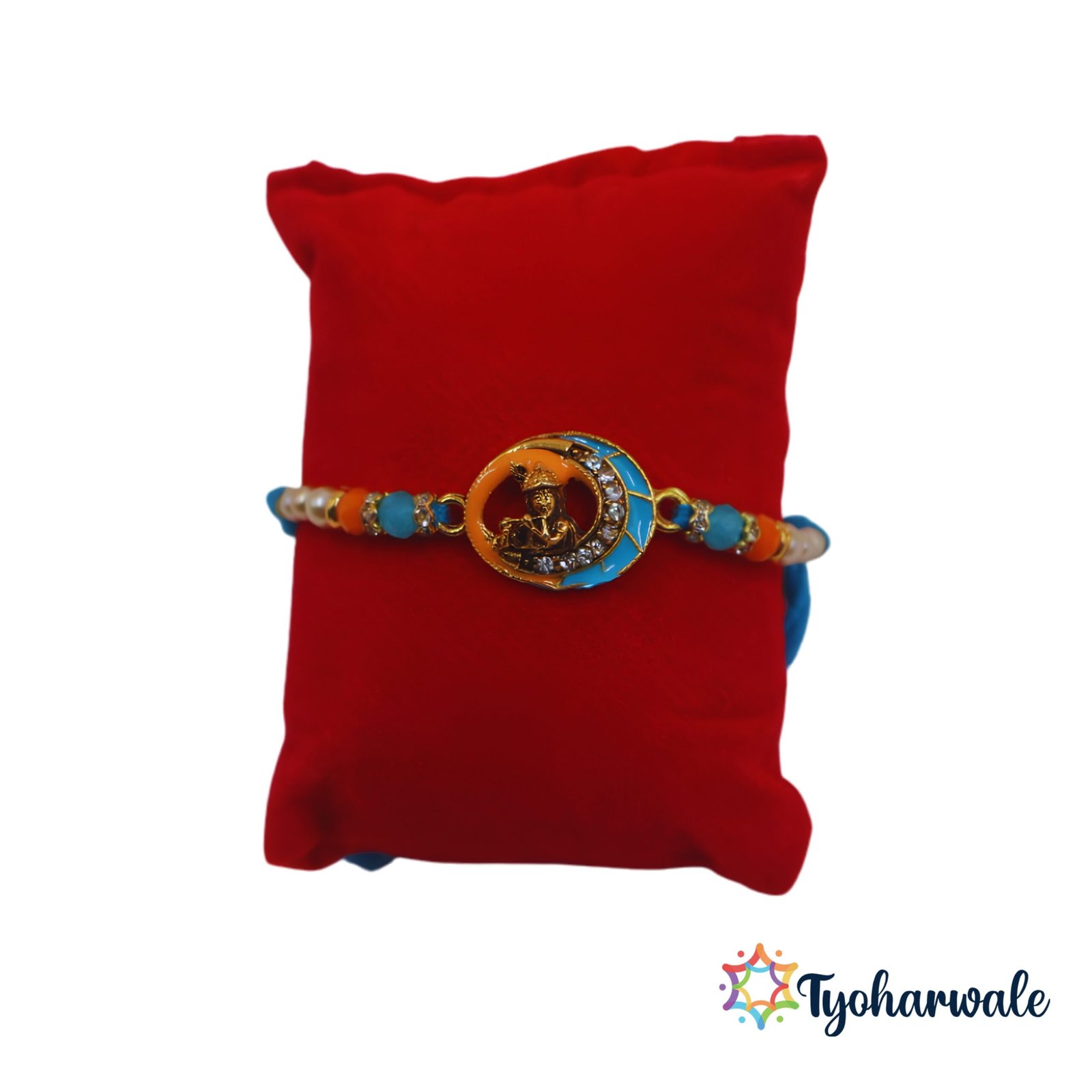 Shree Krishna charm Rakhi with blue thread and colourful beads